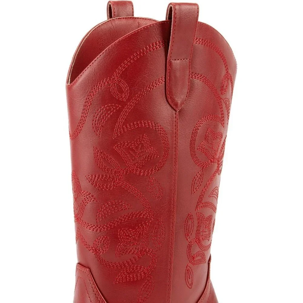Women's Cowgirl Western Leather Embroidery Stitched Chunky Heel Mid Calf Boot